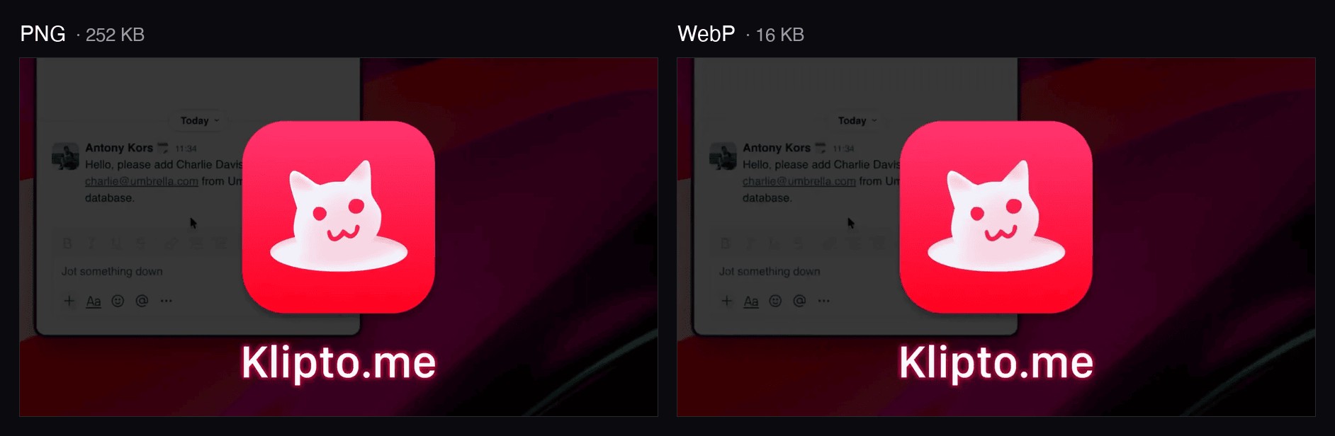 The same poster frame as a 252 KB PNG and a 16 KB WebP, side by side