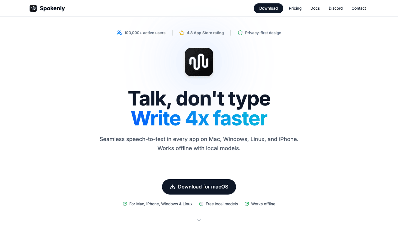 Spokenly, local dictation for macOS