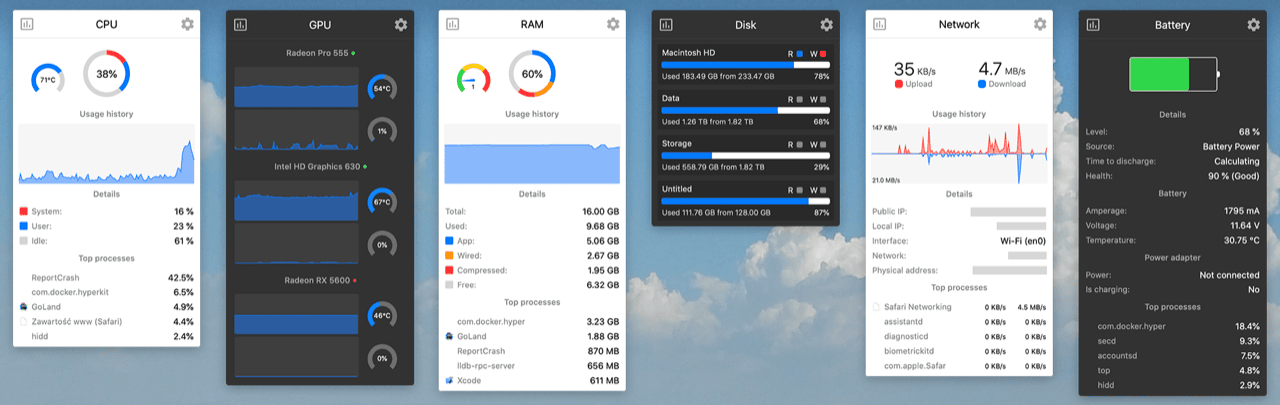 Stats showing CPU, GPU, RAM, disk, network and battery popups