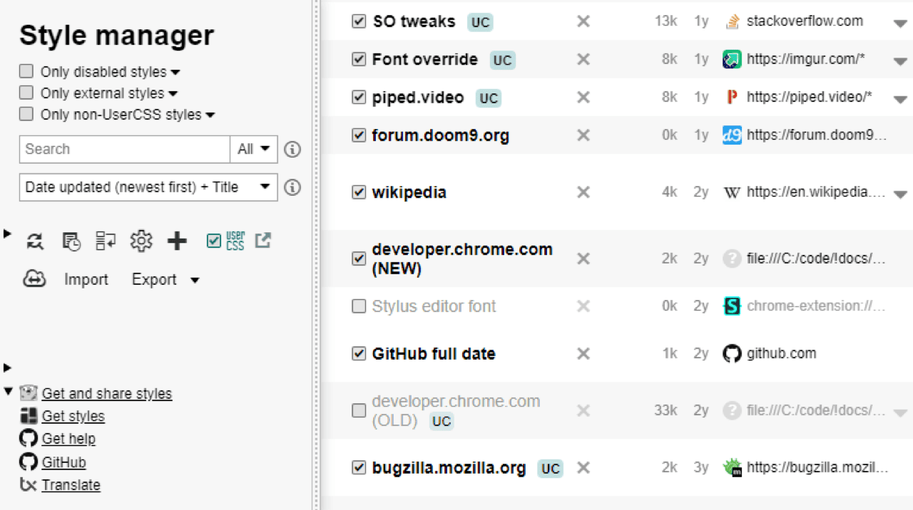 The Stylus manager listing installed user styles