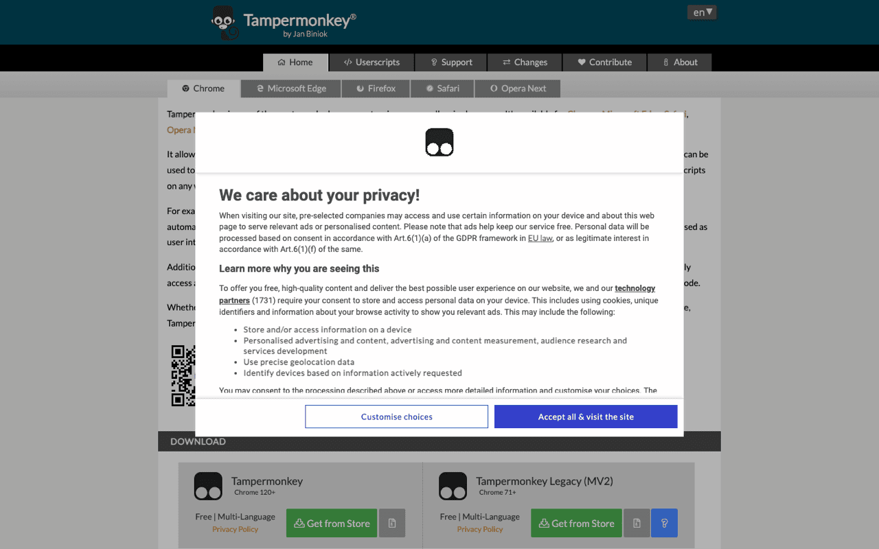 The Tampermonkey userscript manager