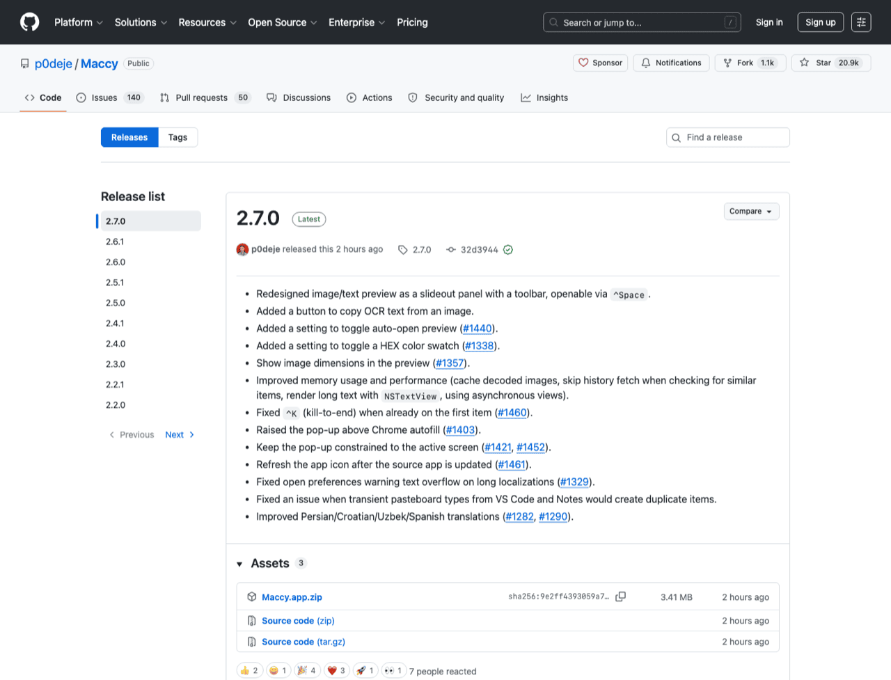 Maccy releases on GitHub