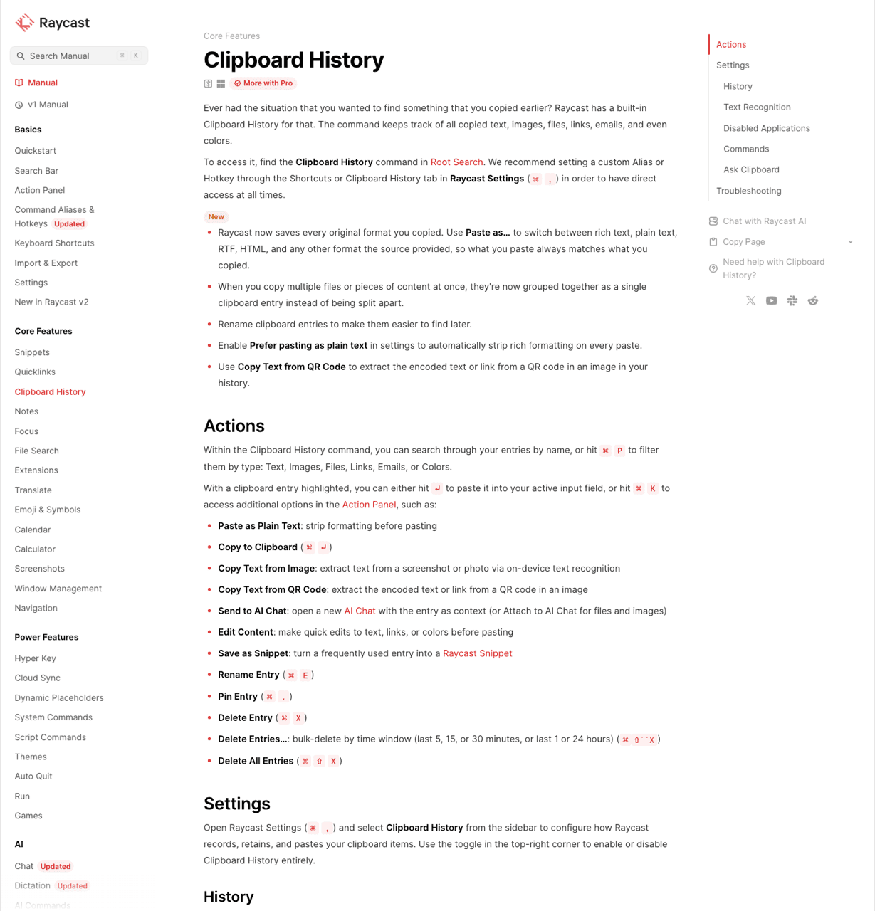 Raycast manual, clipboard history retention