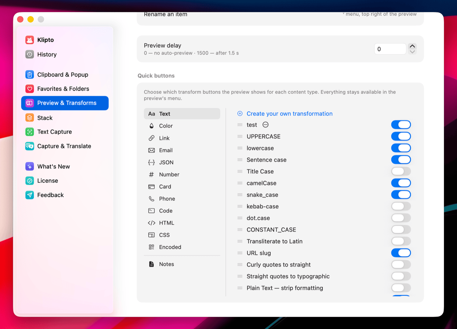 The Quick buttons list in Klipto's preferences, with content types on the left and switches on the right