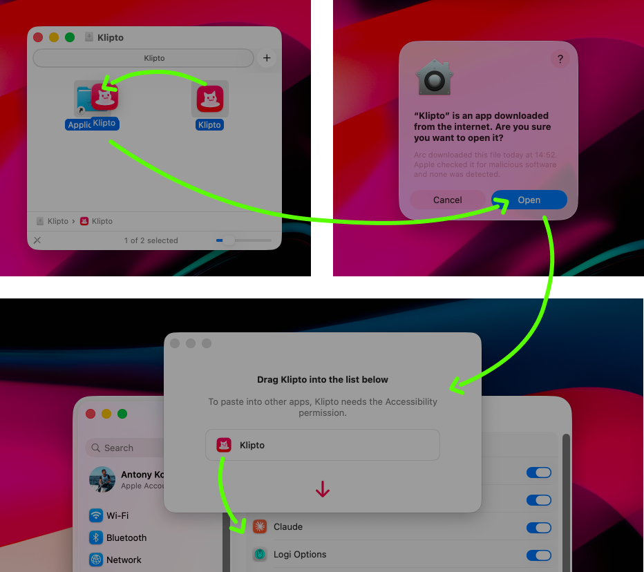 Installing Klipto: opening the app and adding it to the Accessibility list in System Settings