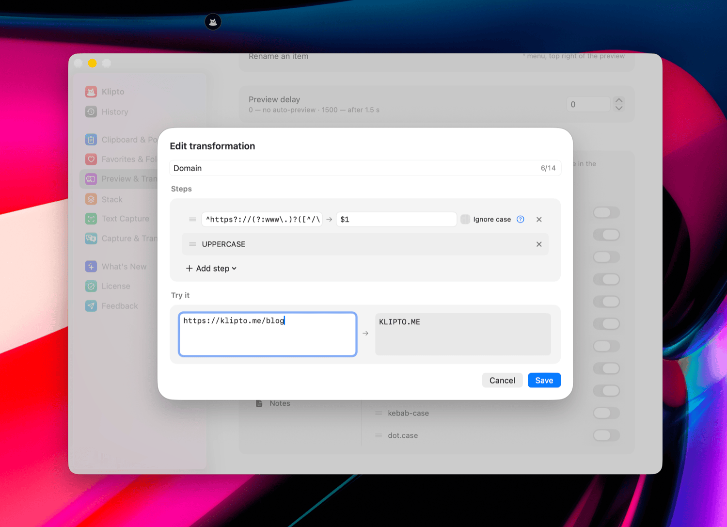 The Klipto transformation editor: a regex step, a second step, and a live example underneath